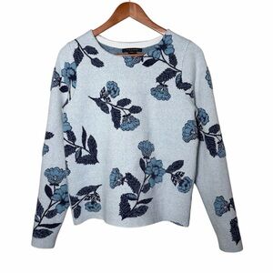 Tahari Blue Floral Crewneck Pullover Sweater Size Large